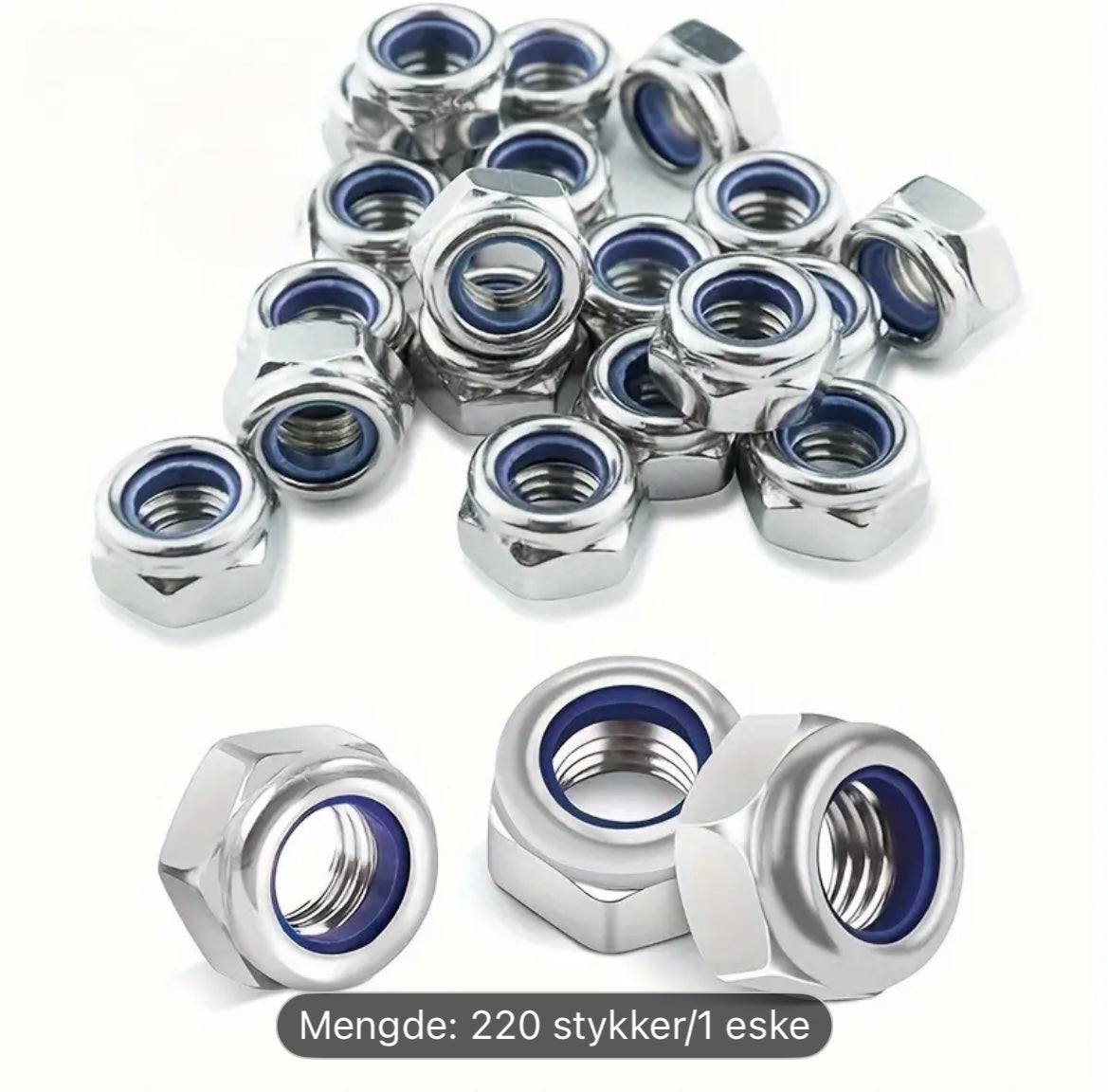 220 stk Rustfrie Låsemuttere – M3 til M12 med Nyloninnlegg