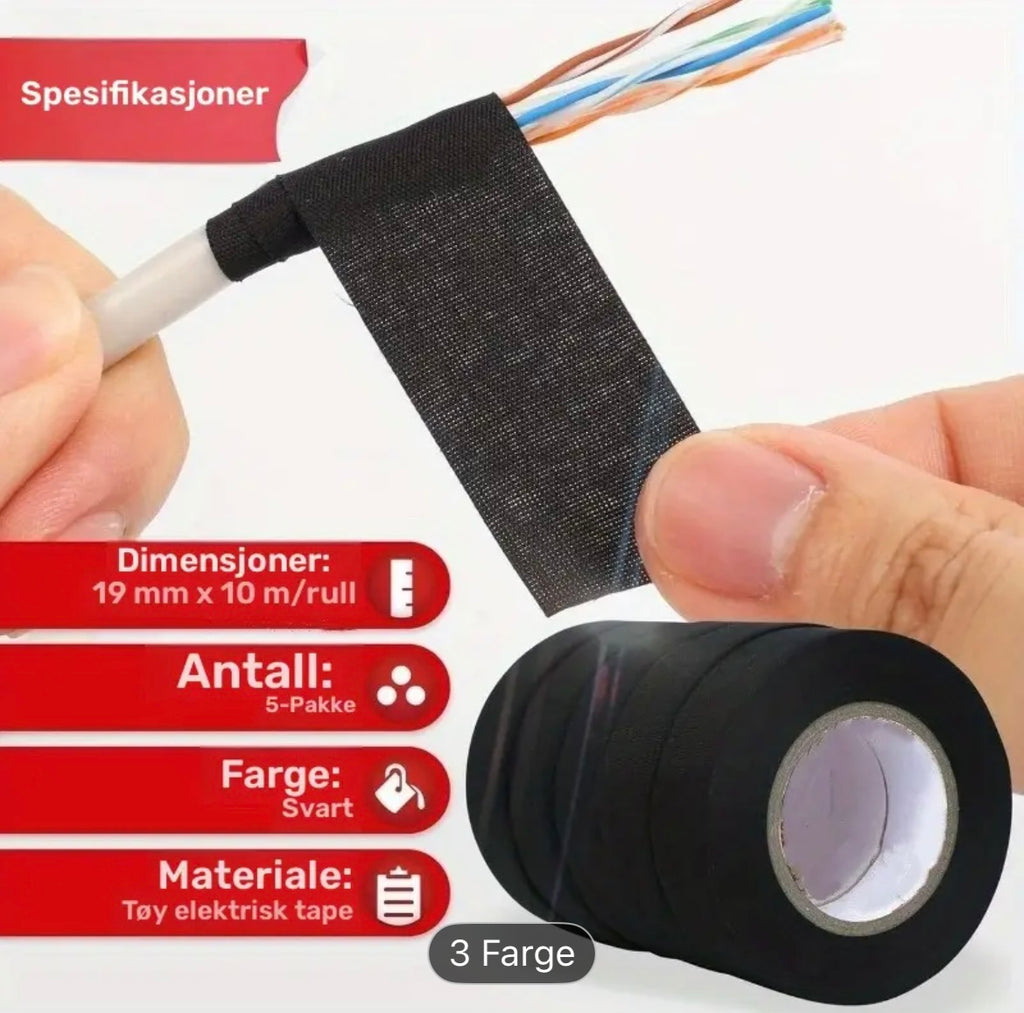 10 Ruller Kabelteip – 19mm x 10m Svart Stoffteip for Bil og Elektriske Ledninger