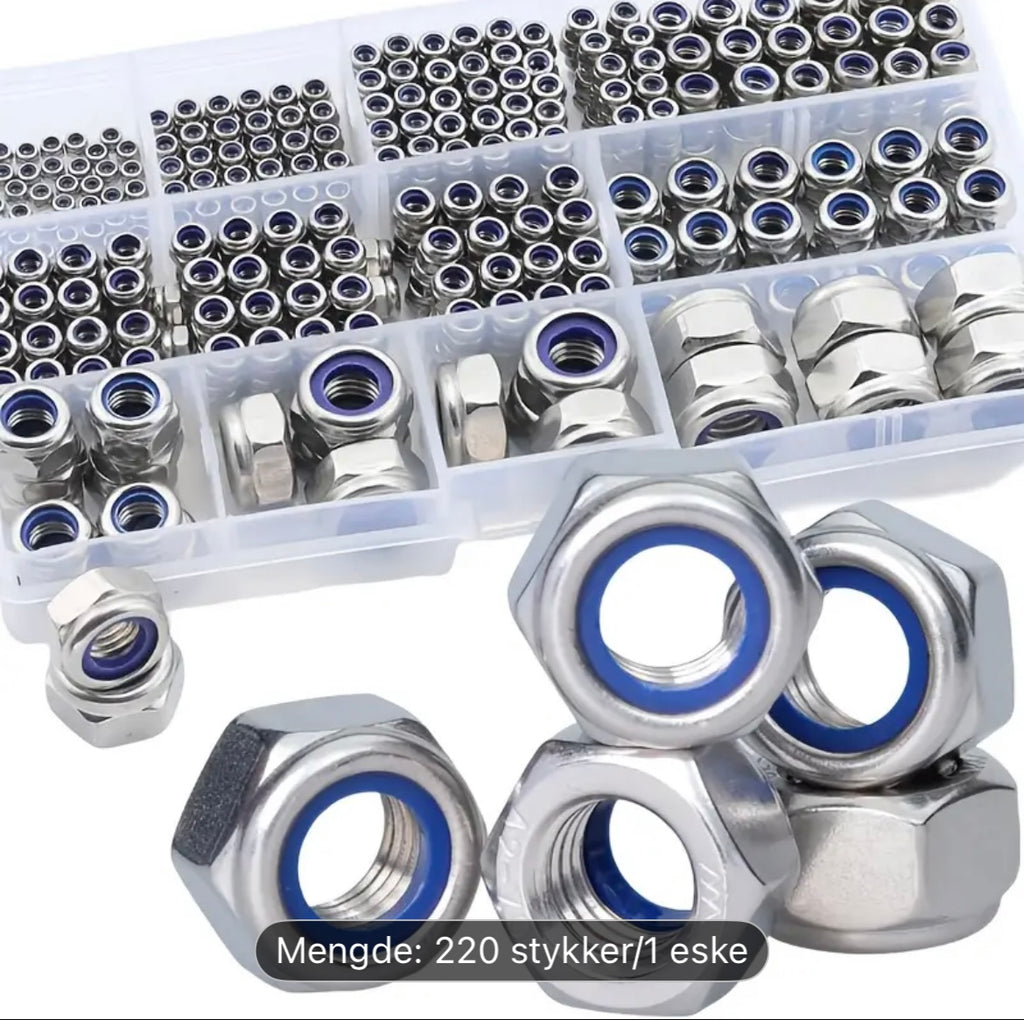 220 stk Rustfrie Låsemuttere – M3 til M12 med Nyloninnlegg