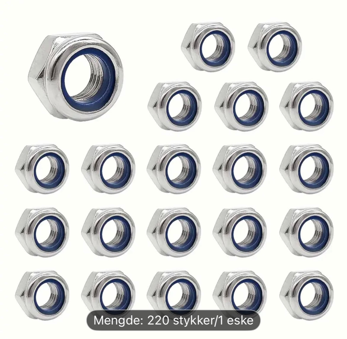 220 stk Rustfrie Låsemuttere – M3 til M12 med Nyloninnlegg