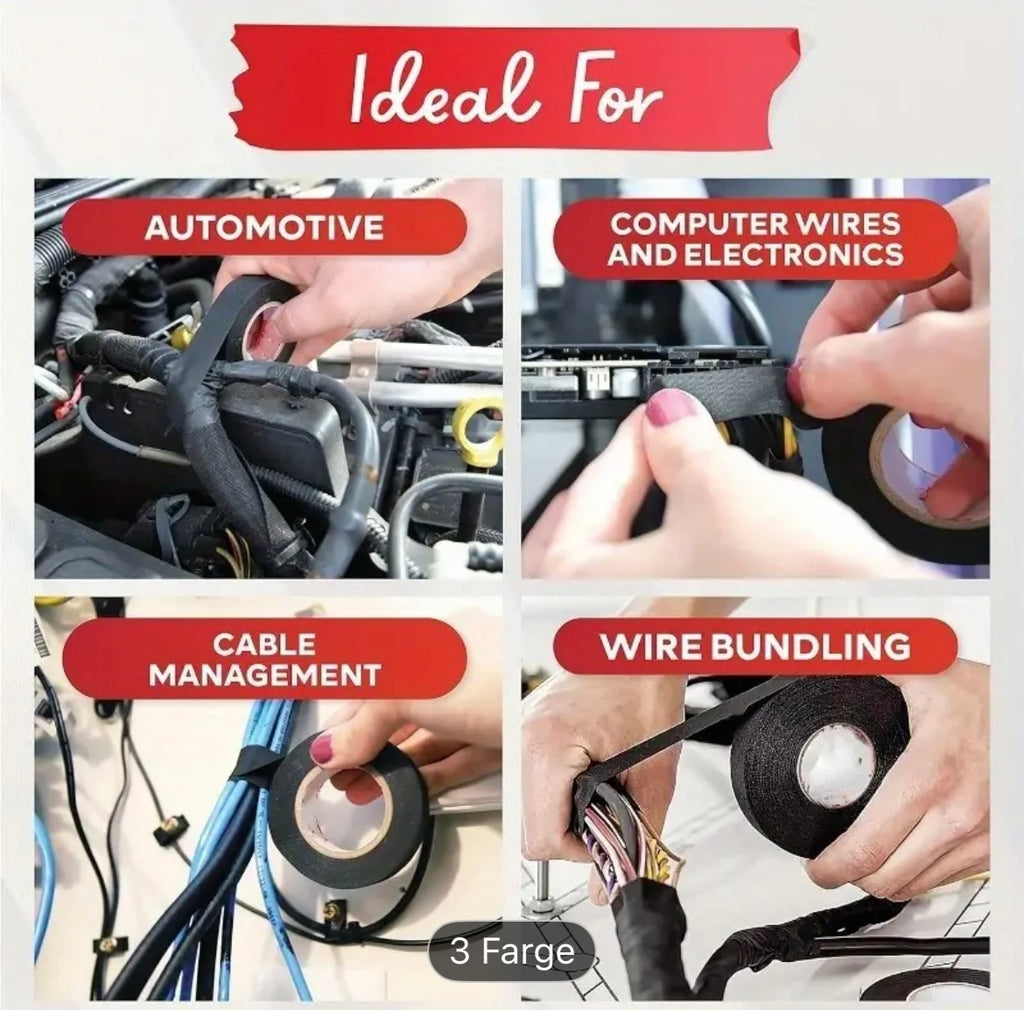 10 Ruller Kabelteip – 19mm x 10m Svart Stoffteip for Bil og Elektriske Ledninger