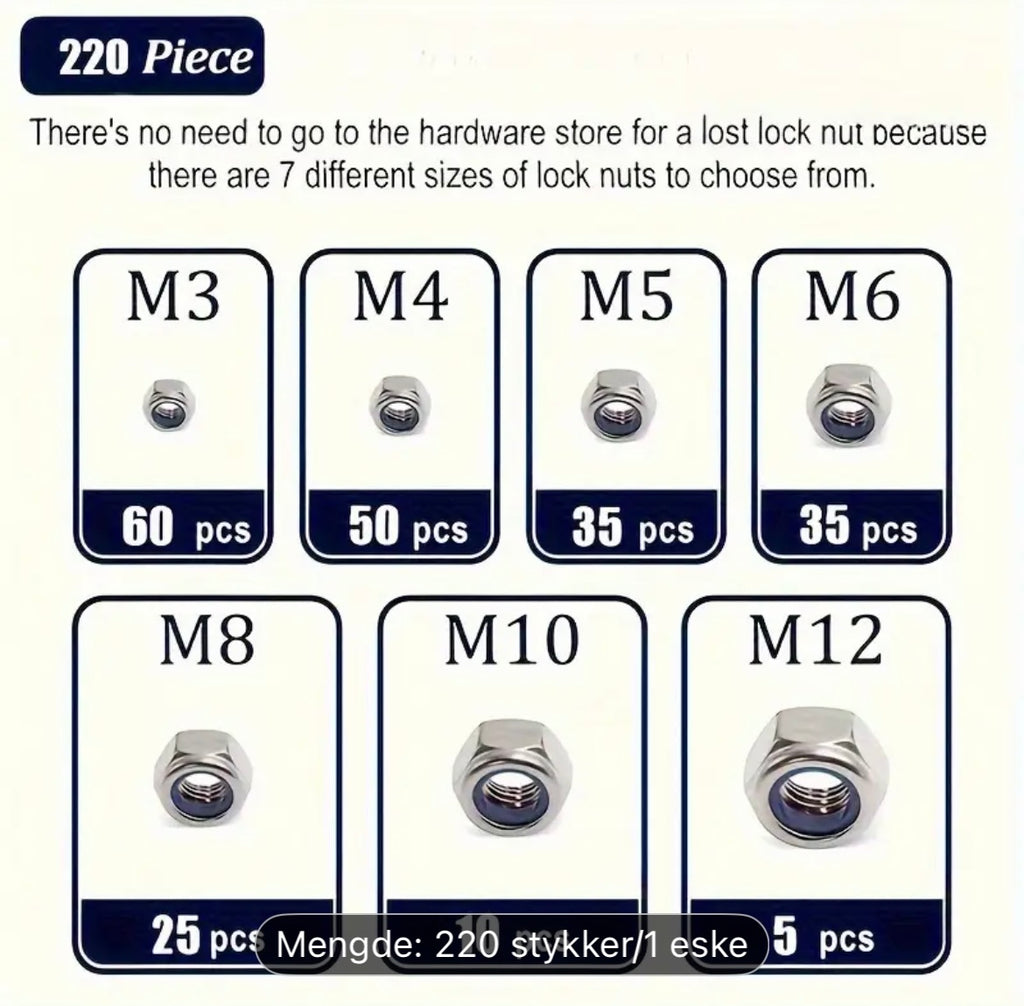 220 stk Rustfrie Låsemuttere – M3 til M12 med Nyloninnlegg