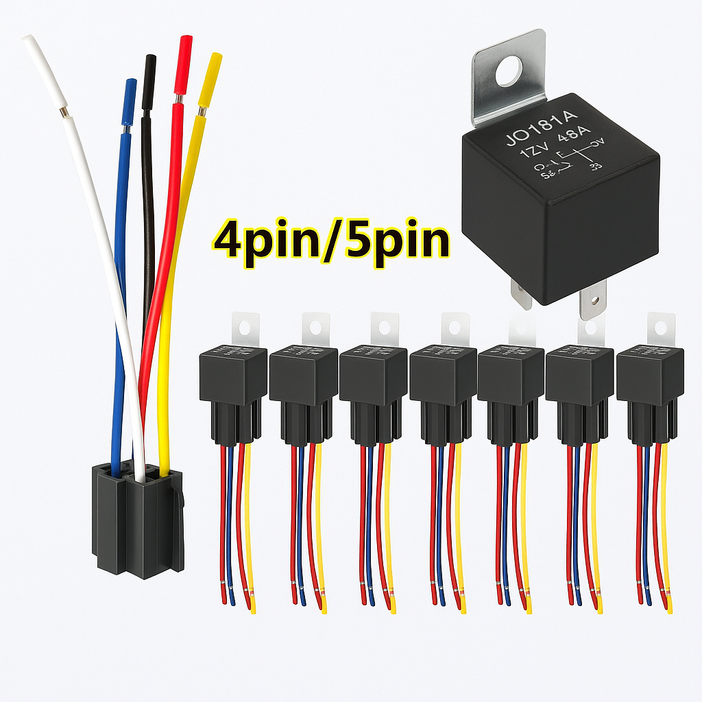 Bilrelé 12V 40A med sokkel – JD1912 / JD1914 (4/5-pins)