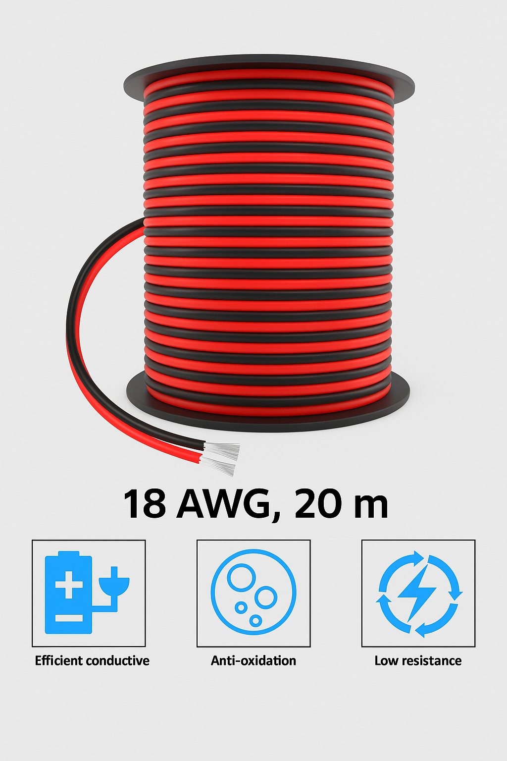 Dobbel 2-leder kabel 12V – 18AWG – 20 meter – Rød/Svart