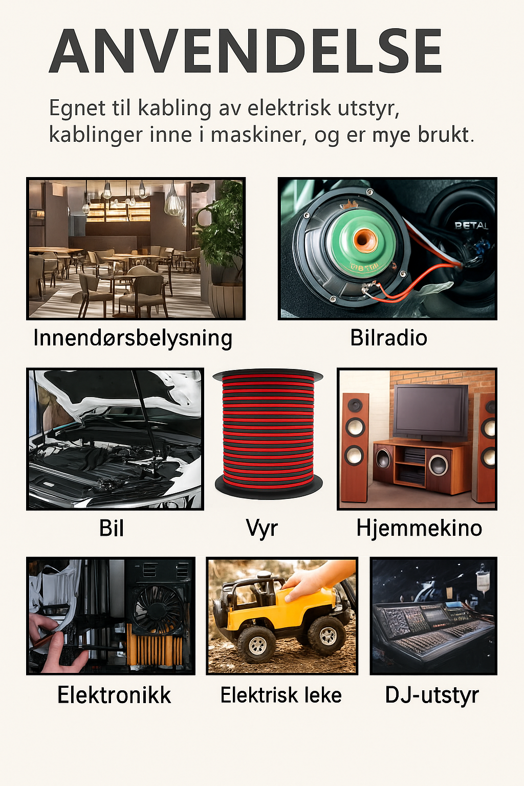 Dobbel 2-leder kabel 12V – 18AWG – 20 meter – Rød/Svart