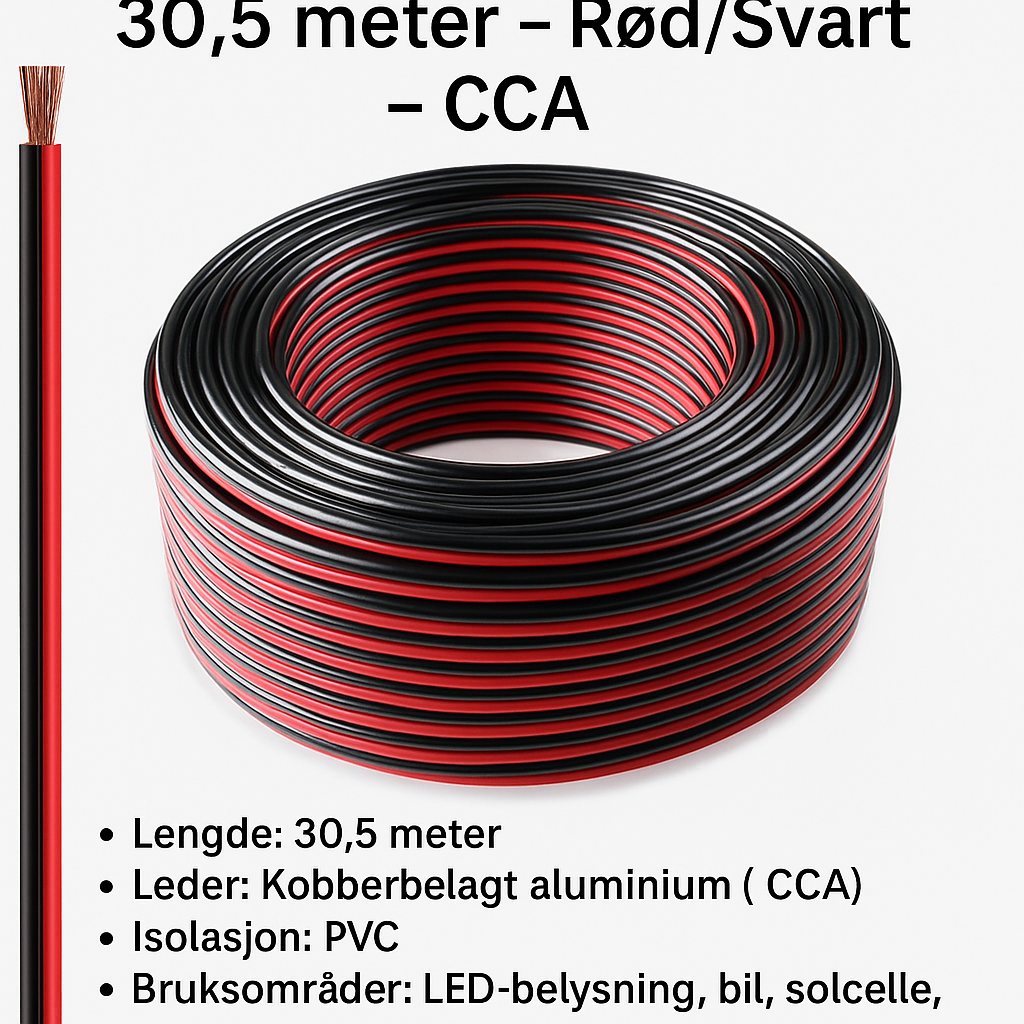 Dobbel kabel 12V – 14AWG – 30,5 meter – Rød/Svart – CCA